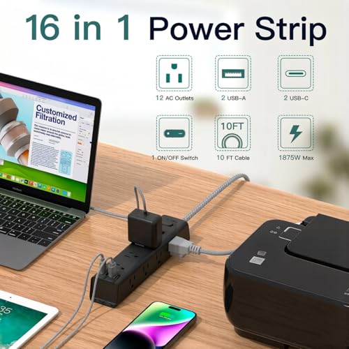 Image of 10FT Power Strip Surge Protector, 12 Wide Spaced Outlets 4 USB Ports | Flat Plug Extension Cord, Wall Mount Outlet Extender, 1050J Surge Protection for Desk Office Gaming, ETL Listed, Black