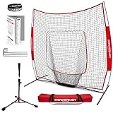 PowerNet Baseball Softball Practice Net 7x7 with Baseball Accessories for Practice Pitching, Batting & Fielding, Ball Caddy, Weighted Baseballs, Tee (Red 7x7 Net & Tee)