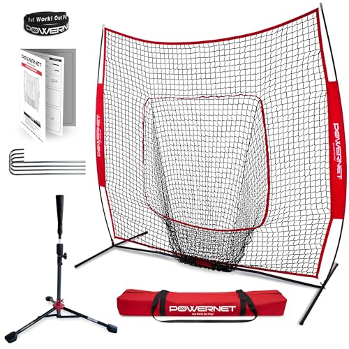 PowerNet Baseball Softball Practice Net 7x7 with Baseball Accessories for Practice Pitching, Batting & Fielding, Ball Caddy, Weighted Baseballs, Tee (Red 7x7 Net & Tee)
