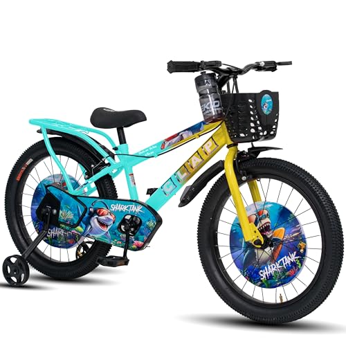 Image of Shark Tank 20 Inch Kids Bicycle with Training Wheels, Front Basket, Water Bottle, Rear Carrier & Full Chain Cover for Boys and Girls Ages 7-9 (Yellow /Sea Blue)
