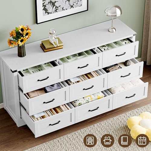 Image of BORNOON 9-Drawer Dresser for Bedroom, Modern Wooden Chest of Drawers with Metal Handles, Anti-Tipping Design, Sturdy and Stable Storage Organizer for Living Room, Entryway, Home Office
