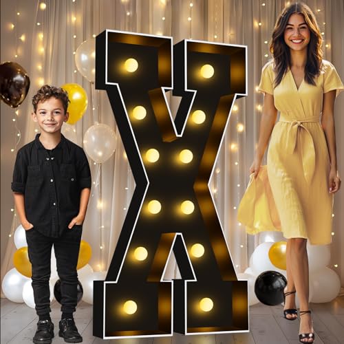 Image of Pooqla 4FT Marquee Light Up Letters, Black Large Letter X Party Decorations | LED Marquee Letters 4 Feet Tall, Black Giant Mosaic Letters Gift for Boys Men Birthday Anniversary Wedding Decoration