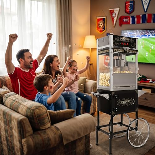 Image of Commercial Popcorn Machine with Cart & Wheels 丨 Popcorn Maker Machine with 22OZ Stainless Steel Kettle丨 Pop corn Machine Maker for Home, Theater, Parties, Black