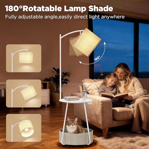 Image of LUTEC Floor Lamp with Table, End Table with Charging Station(USB & Type-C & AC Port), Round SideTable with Fabric Basket, 3 Color Temperatures 9W LED Bulb, Modern Nightstand for Bedroom, Living Room