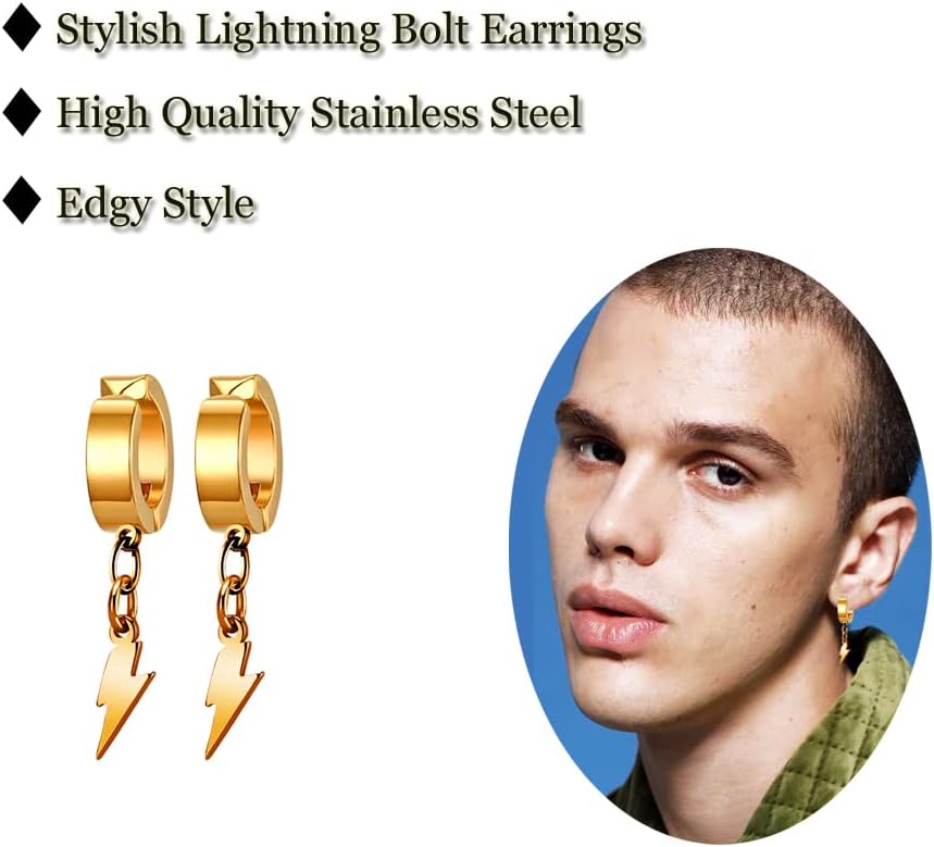 Unisex Punk Hip Hop Stainless Steel Silver Black Gold Tone Lock Thunder Lightning Bolt Dangle Huggie Hoop Earrings Gift for Women Men Boy Teens - Image 3