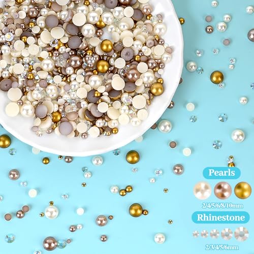 NACHLYNN 60g Mix Pearls and Half Round Rhinestones for Crafts Flatback Rhinestones Mixed Size 3mm-10mm Flatback Pearls for DIY Nail Art Shoes Apparel Tumblers Mugs (Champagne Gold) - Thumbnail 5
