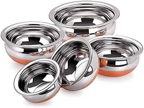 KSJONE Indian Serving Handi 5 Pcs. Set - Copper Bottom 500ml, 750ml, 900ml, 1400 ml, 1900 ml. Stainless Steel Cooking Pot Biryani Punjabi Kitchen Serving, Bowl (5-Pieces)