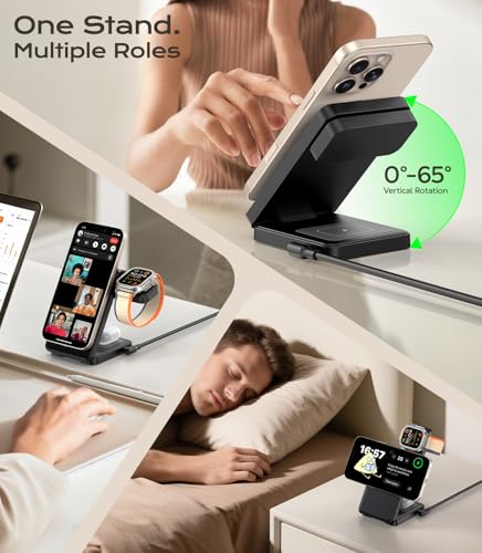 3 in 1 Magnetic Charging Station, 15W Fast Wireless Charger Compatible with MagSafe Charger Stand for iPhone 17 16 15 14 13 12, Apple Watch Charger & AirPods, Foldable Travel Charging Dock, Black