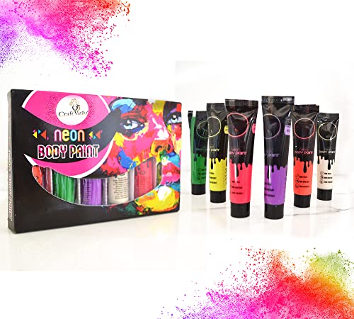 Image of CraftVatika Neon Body Paint for Holi Color Festival | Certified Non-Toxic & Skin-Friendly Face Paint | UV Glow Neon Colours | 6 Assorted Tubes (300g Total)
