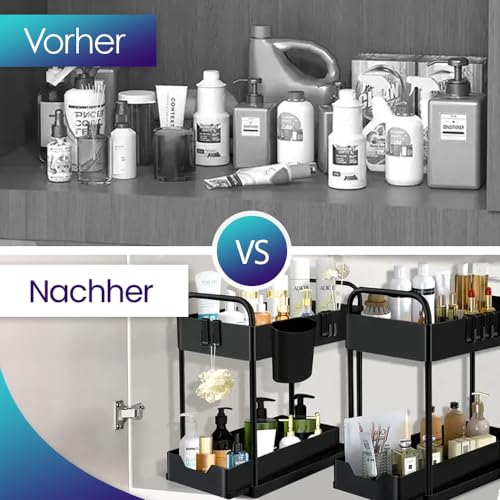 WABUFIX Unter-Spüle Organizer – Küchen Organizer für Spülenschrank & Bad – 2 Etagen Regal platzsparend mit 4 Haken, 2 Bechern & 4 Trennblättern – Schwarz