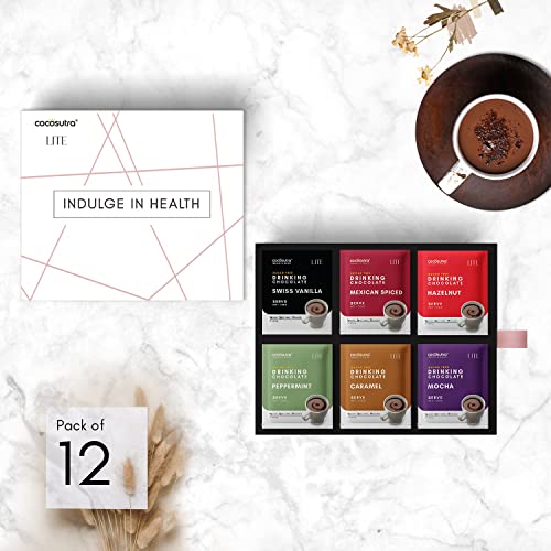 Image of COCOSUTRA Sugar-Free Drinking Chocolate Mix | 12 Single-Serve Sachets (20g Each) | 2 Sachets Each Flavour | Swiss Vanilla, Mocha, Caramel, Hazelnut, Mexican Spiced & Peppermint | Zero Sugar | Low Carb | Low Calorie | Stevia & Erythritol Sweetened | 240 g