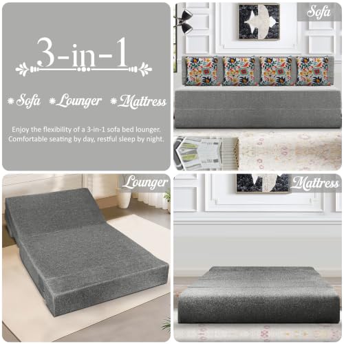 Image of Los Angeles Foldable Four Seater Sofa Cum Bed, Sofa Bed 6 X 6 Feet Jute Fabric Washable Cover- Including Cushion Perfect for Living Room - Grey