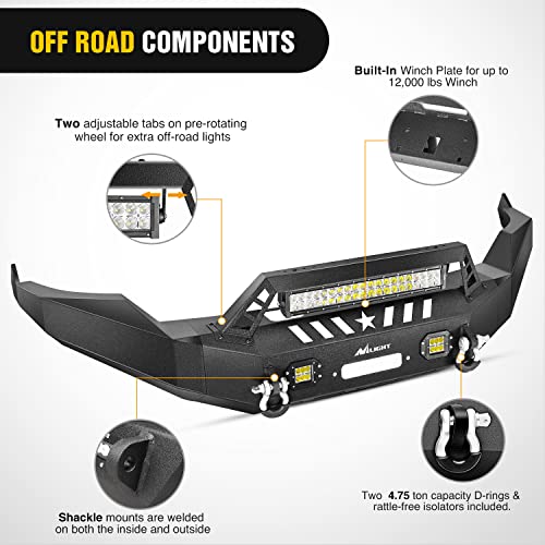 Image of Nilight Front Bumper with Shackle & Light for 2013-2018 Dodge Ram 1500 (Excl. Rebel) & 2019-2024 Ram 1500 Classic Pickup Truck with Winch Plate, Light Bar+2Pcs Pod, Full Width Solid Steel
