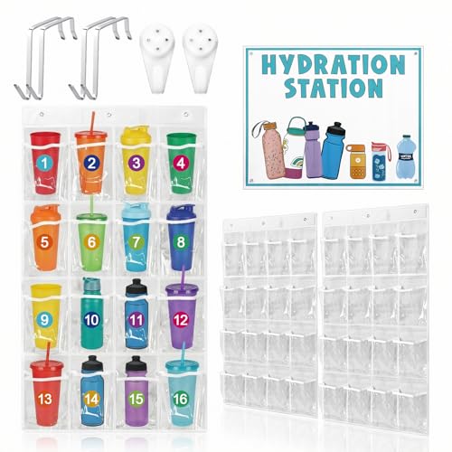 2 Pcs Water Bottle Organizer for Classroom 32 Holders over the Door Storage Rack for Cup and Various Sizes with Hydration Station Sign Sticker(PVC,Classic,Transparent)