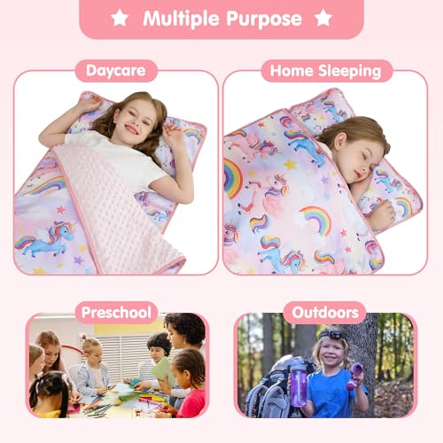 Image of Viviland Toddler Kid Nap Mat for Preschool, Girls Colorful Unicorn Slumber Bag, Daycare Sleeping Bag with Pillow and Blanket, Kindergarten Sleep Mat