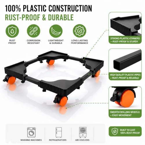 Image of Adjustable Washing Machine Stand with Lockable Wheels | Black Plastic Pipe Frame with Durable Plastic Corners | Rust-Proof Anti-Vibration Fridge Base Trolley | Movable Appliance Stand Size: 40-65 cm