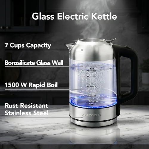 Image of OVENTE 1.8L Glass Electric Kettle Water Boiler, Silver KG751S | 1500W Fast Boiling, Easy Fill Lid, Borosilicate Glass, BPA-Free, Blue LED, Auto Shut-Off, Boil-Dry Protection, Cordless