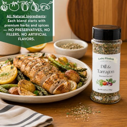 Image of Lesley Elizabeth Dill & Tarragon Seasoned Sea Salt - Gourmet Herb & All-Natural Sea Salt Blend for Fish, Poultry, Seafood & Vegetables | All-Purpose Cooking & Grill Seasoning