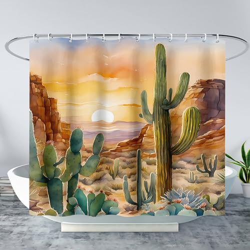 AILONEN Watercolor Cactus Shower Curtain,Orange Succulent Flower Waterproof Shower Curtains Set for Boys Kids Teens, 72