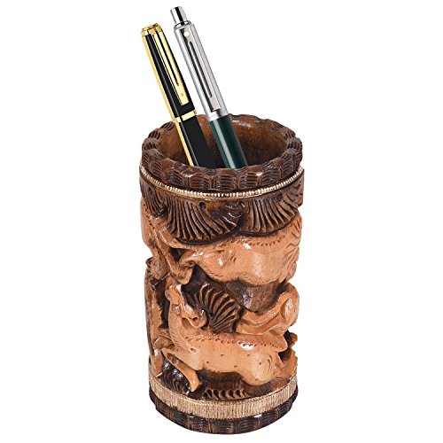 Image of Craft Trade 13x7 Cm Round Carved Wooden Pencil Pot Holder - Two Tone