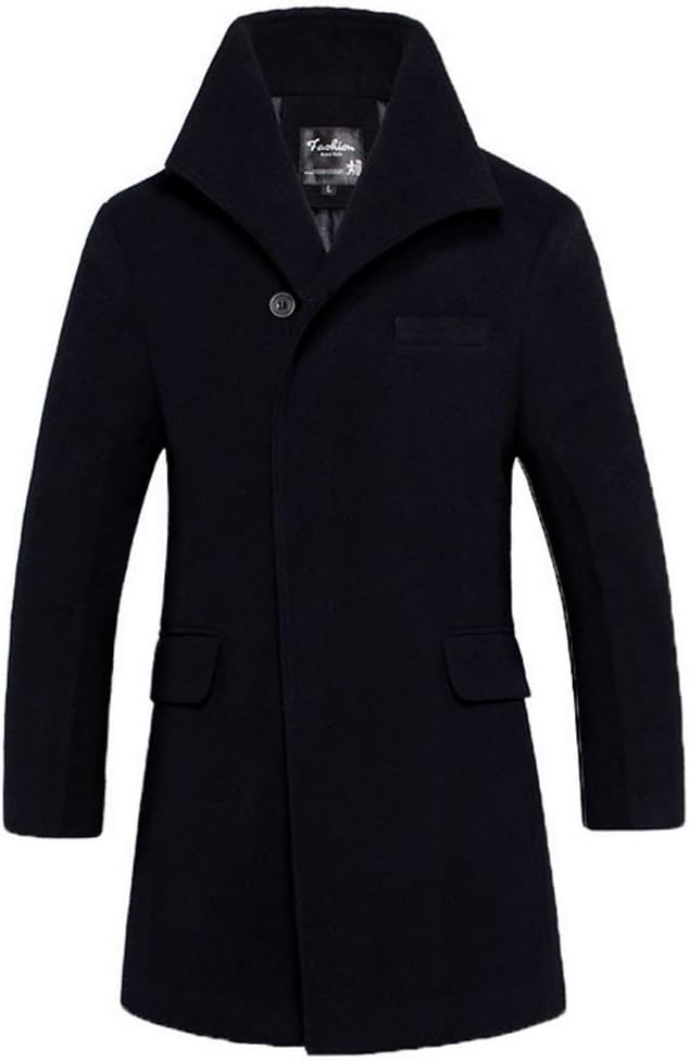 YGT Mens Slim Fit Long Wool Pea Coat Stand Collar Business Trench Coat