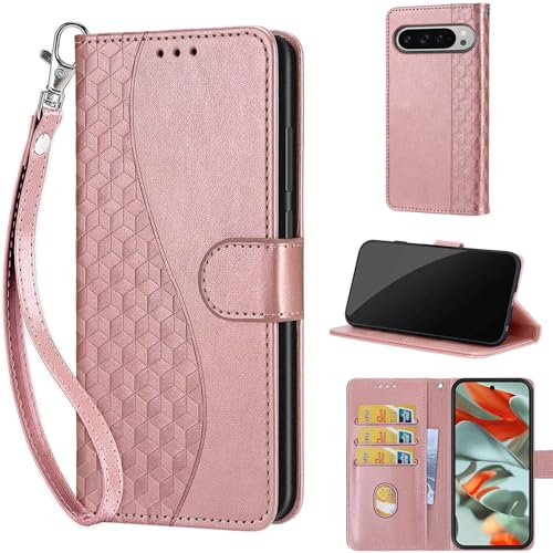 Étui portefeuille pour femme Google Pixel 9 Pro XL avec clapet à rabat et dragonne or