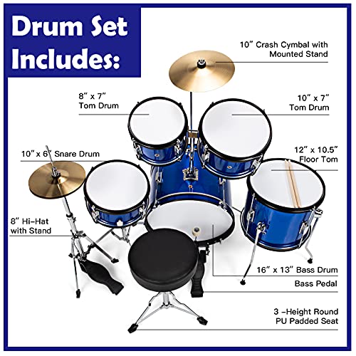 Costzon 16” Kids Drum Set, 5-Piece Full Size Complete Junior Drum Set With Adjustable Throne, Cymbal, Hi-Hat, Pedal & Drumsticks, Beginner Drum Kit With Bass Snare Tom Drum, Age 3-12, Blue #TOP2
