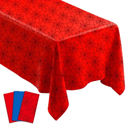 3Pcs Spider Theme Tablecloths Disposable Hero Party Plastic Table Cover Large Rectangle Red Blue Spiderweb Table Cloth for Kids Boys Spider Birthday Party Decorations Baby Shower Supplies 108x54 Inch