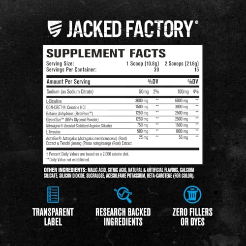 Image of Jacked Factory Nitric Surge Stim Free Pre Workout Powder - Caffeine-Free Nitric Oxide Supplement w /Con-Cret Creatine, L Citrulline, & GlycerSize Glycerol - Pineapple Mango, 30 Servings