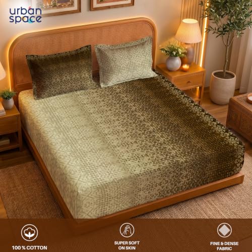 Image of Urban Space Serene 300TC 100% Cotton King Size Bedsheet, Panel Design Super Soft Bed Sheet for King Size Bed, King bedsheet with 2 Pillow Covers (108 inch x 108 inch, Sun&Sand Brown)