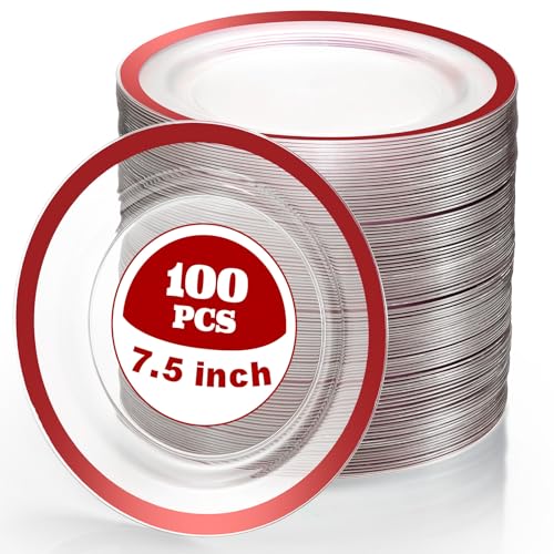 Tanlade 100 Pcs Clear Red Plastic Plates Bulk 7.5 Inch Disposable Heavy Duty Dinner Plates with Rim Round Salad Dessert Appetizer Dinnerware for Wedding Birthday Party Supplies