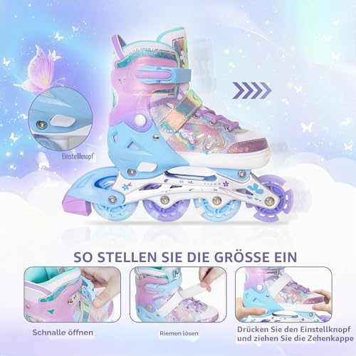 Nattork Kinder Inliner für Mädchen, 4 Größen Verstellbare Inline Skates, Schmetterling Inline Rollschuhe für Mädchen (Violett, 32-36 EU / 205-230 MM)