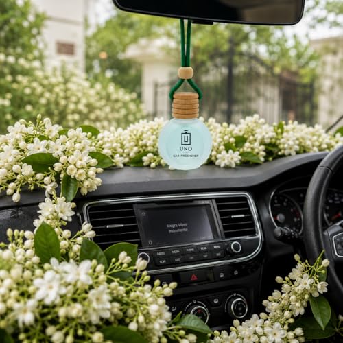 Image of UNO AROMA Mogra Car Air Freshener, 15ml, Long Lasting Hanging car perfume, Toxin-Free Oil in Glass Bottle with Wooden Diffuser, Car Accessories for fresh aroma, Last Upto-60 Days