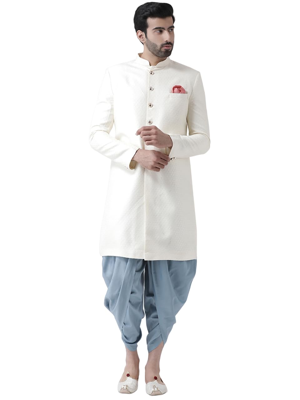 Kisah Men's Indo-Western Sherwani Dhoti Set, White Jacquard Woven Design Mandarin Collar Full Sleeves Regular Fit (M)
