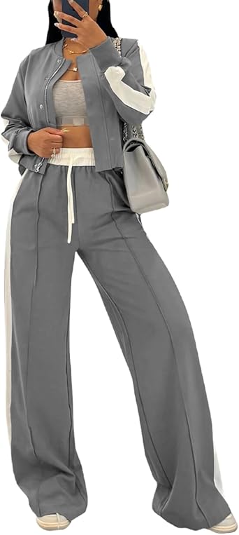 Womens Side Striped Sets Color Block Zip Up Crop Jacket Wide Leg Pants Two Piece Casual Jogger Sweatsuit Set Clubwear
