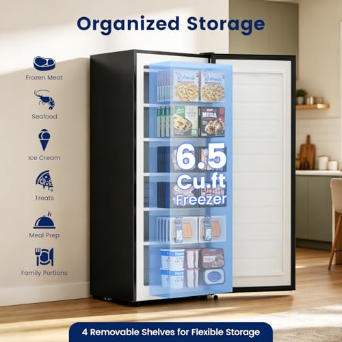 Image of BANGSON 6.5 Cu.ft Upright Freezer, Stand up Freezer with Adjustable Thermostat, Removable Leg, Reversible Single Door, for Bedroom /Home /Dorms /Apartment, Black
