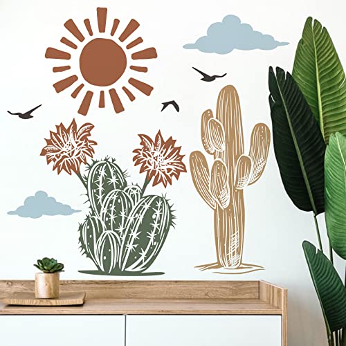 Mfault Boho Cactus Botanical Wall Decals Stickers, Bohemian Cacti Green Plant Sun Nursery Decorations Kids Bedroom Art, Neutral Toddlers Room Classroom Playroom Decor #TOP2