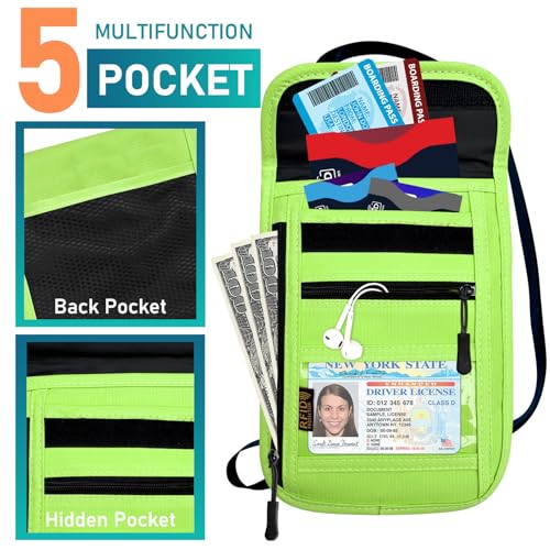Image of Travel Neck Wallet & RFID Blocking Sleeves for Men and Women, Neck Money Pouch Anti Theft Travel Document Organizer with Adjustable Strap - Green