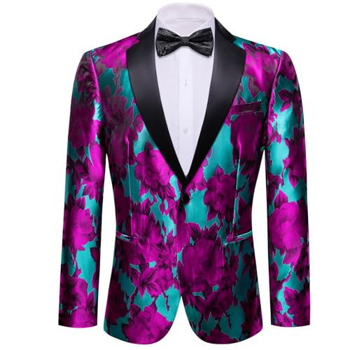 Barry.Wang Mens Flowers Blazer Teal Suit Jacket Floral Jacquard Notched Lapel Tuxedo Leisure Sport Coat Chorus 80s 90s Prom Carnival