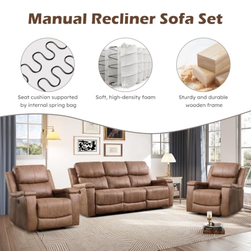 Image of CANMOV Faux Leather Manual Reclining Sofa Furniture Set, 2 Manual Recliner Chair and 3 Seat Recliner Sofa Couch Set for Living Room,Nut Brown
