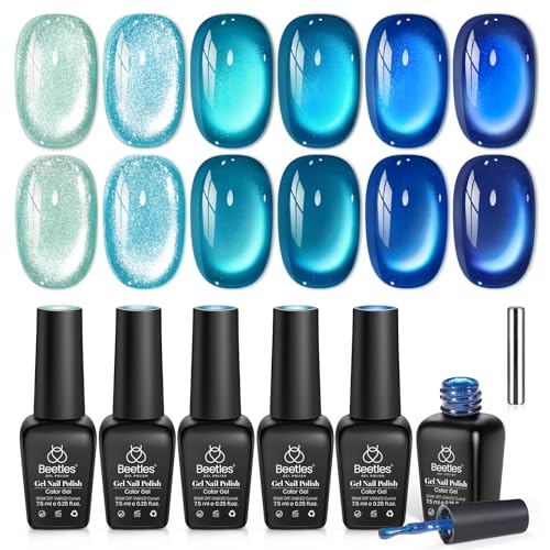 Beetles Liberty Blue Cat Eye Gel Nail Polish Set - 6 Colors Summer Glitter Gel Polish Kit Mint Green, Icy Blue, Teal, Sapphire and Navy Shades, 3D Shimmer Effect DIY Salon Nail Art Gift for Women