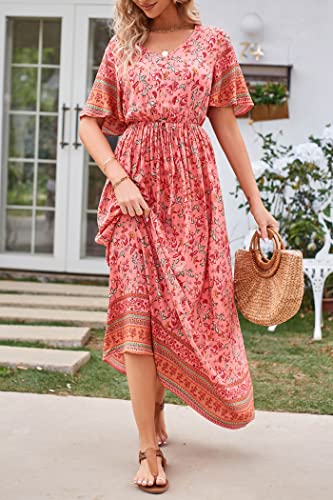 Image of PRETTYGARDEN Women's Casual Summer Boho Floral Print Dress V Neck Short Sleeve High Waist Long Maxi Beach Dresses