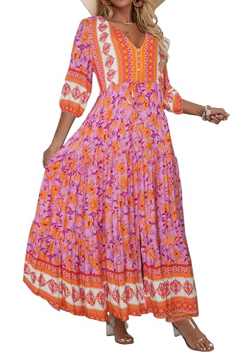 Image of Women Short Sleeve V Neck Floral Print Casual Bohemian Maxi Dresses