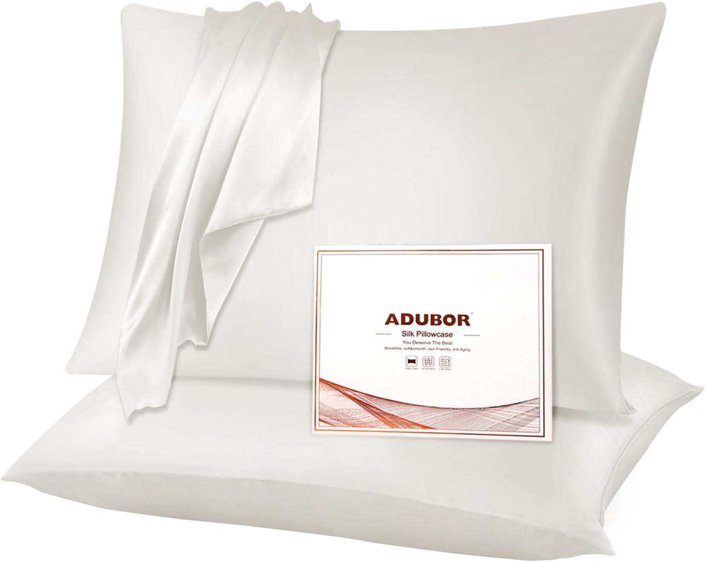 Adubor Silk Pillowcase 2 Pack for Hair and Skin with Hidden Zipper, Both Sides 23 Momme Silk Pillow Case (Ivory White, Standard: 20''x26'')