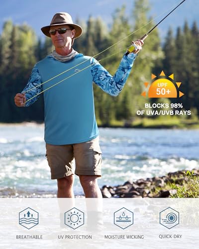 Image of FISHEAL Men's Performance Fishing Hoodie Shirt - UPF 50+ UV Sun Protection Long Sleeve Shirts with Mesh Face Mask