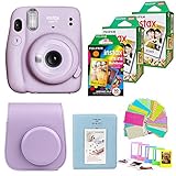 Fujifilm Instax Mini 11 Camera with 2X Fuji Instant Film Twin Pack - Fujifilm Instax Mini Rainbow Film + Case, Album, Stickers, Accessories Bundle (Lilac Purple)