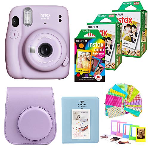 Fujifilm Instax Mini 11 Camera with 2X Fuji Instant Film Twin Pack - Fujifilm Instax Mini Rainbow Film + Case, Album, Stickers, Accessories Bundle (Lilac Purple)