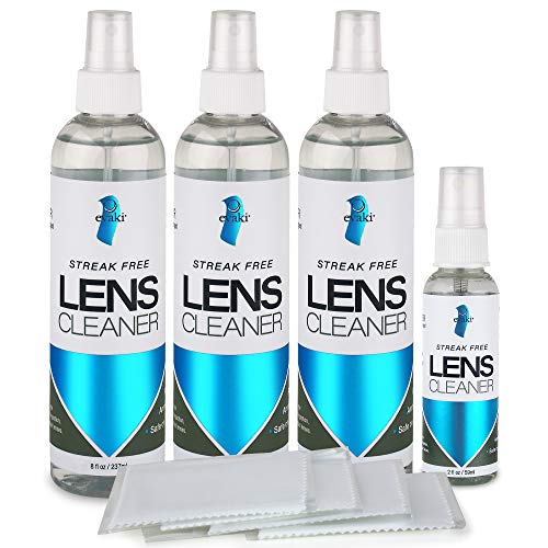 Alcohol and Ammonia-Free Evaki Lens Cleaner Bundle; Streak Free Cleaner Safe for All Lenses; 4 Bottles (3-8oz, 1-2oz) + 4 Microfibers