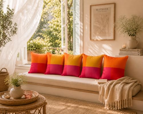 Image of RANGBHAR Handloom 100% Cotton Cushion Cover Set of 5 | Cushion with All-Around Piping for Premium Finish | 16x16 Inches Hand Woven Striped Cushion Covers | Mustard Orange