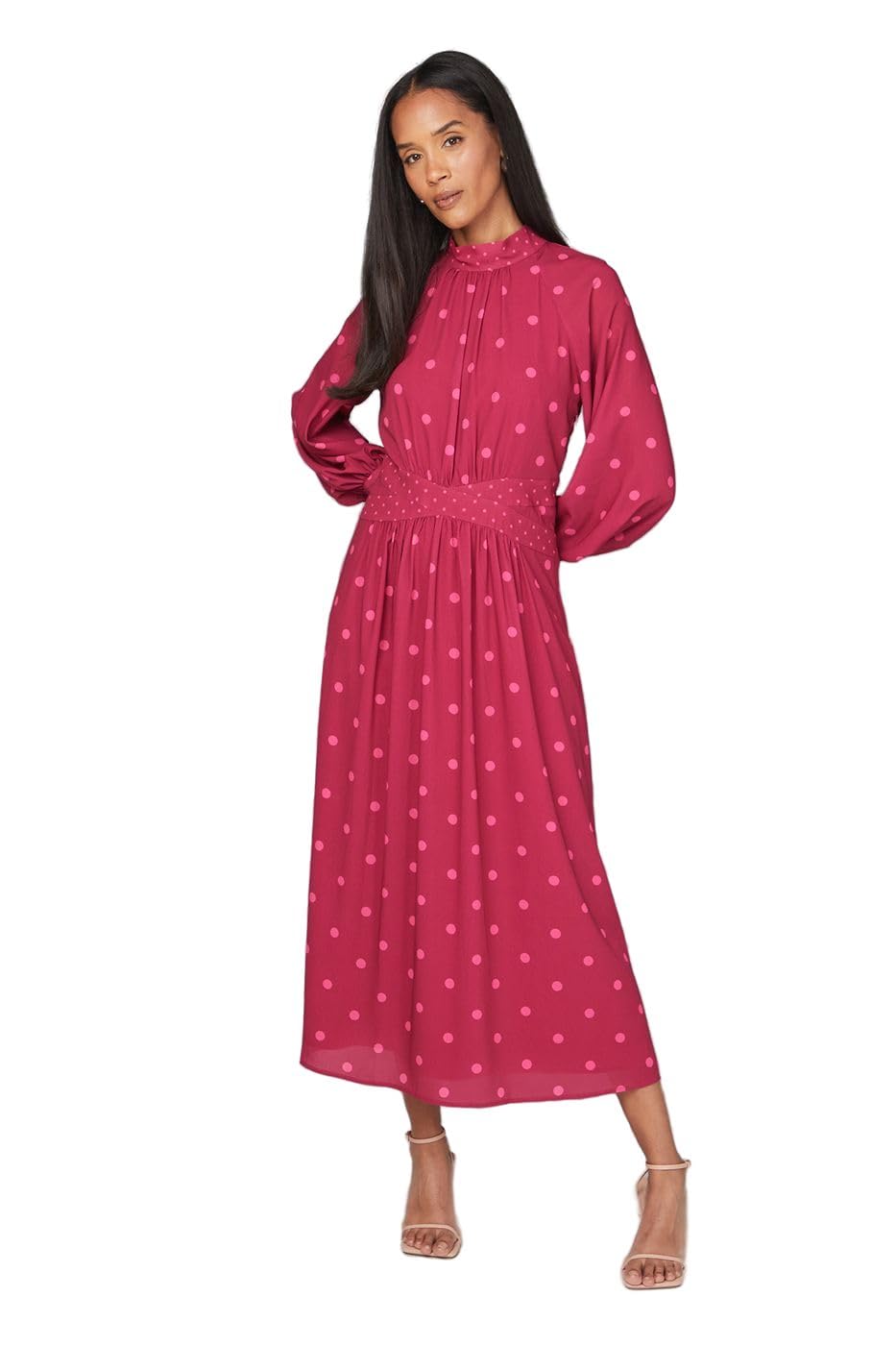 Wallis Mixed Polka Dot Contrast Midi Dress, 16, Berry